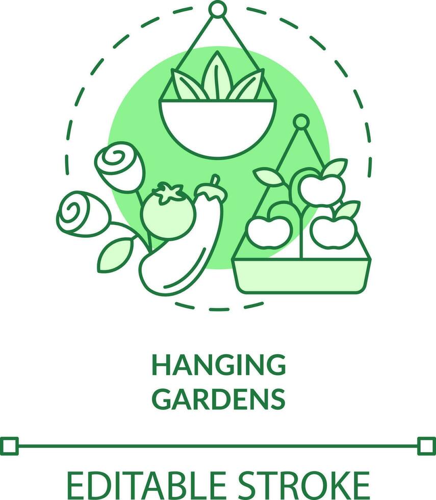 Hanging gardens green concept icon. Suspended baskets for planting. Gardening method abstract idea thin line illustration. Isolated outline drawing. Editable stroke vector