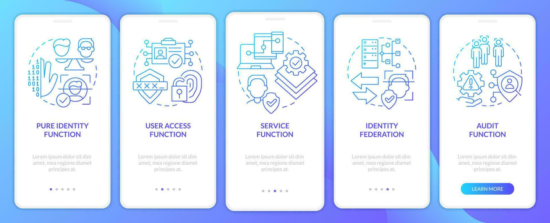 Functions blue gradient onboarding mobile app screen. Online identification walkthrough 5 steps graphic instructions with linear concepts. UI, UX, GUI template vector