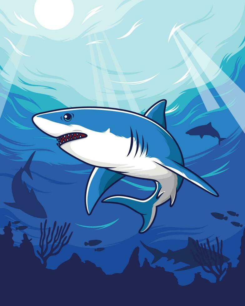 blue shark swimming in the sea with coral. Animal vector cartoon.