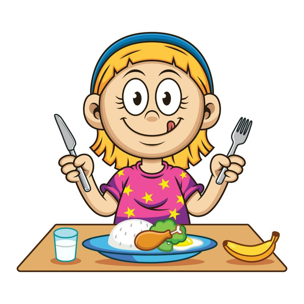 niña quien es comiendo nutritivo comida con Leche y Fruta dibujos animados vector