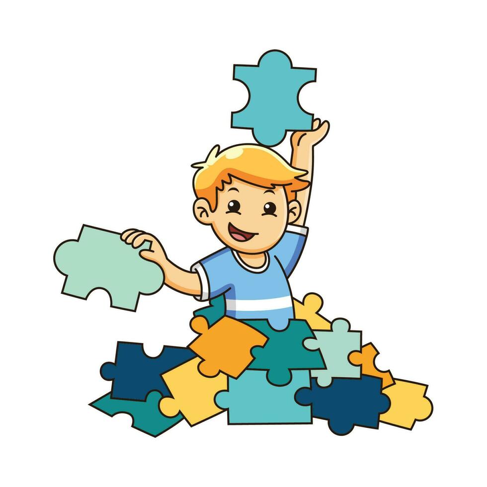 Kid playing puzzle with happy face. People vector cartoon.
