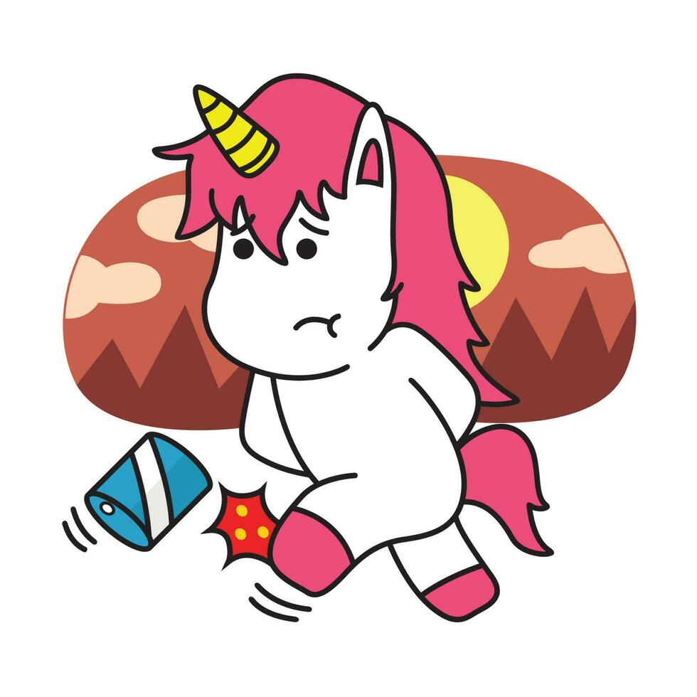 Unicorn Expression is Lonely. Vector Animal Illustration Isolated on White Background