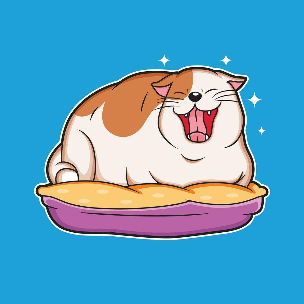 Cat Cartoon was Sleepy. Animal Vector Icon Illustration, Isolated on Blue Background