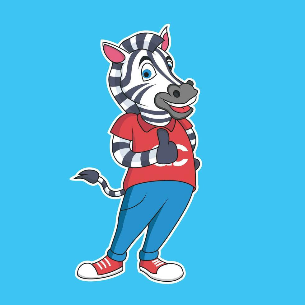Zebra Cartoon with Thumb Up . Animal Vector Icon Illustration, Isolated on Blue Background