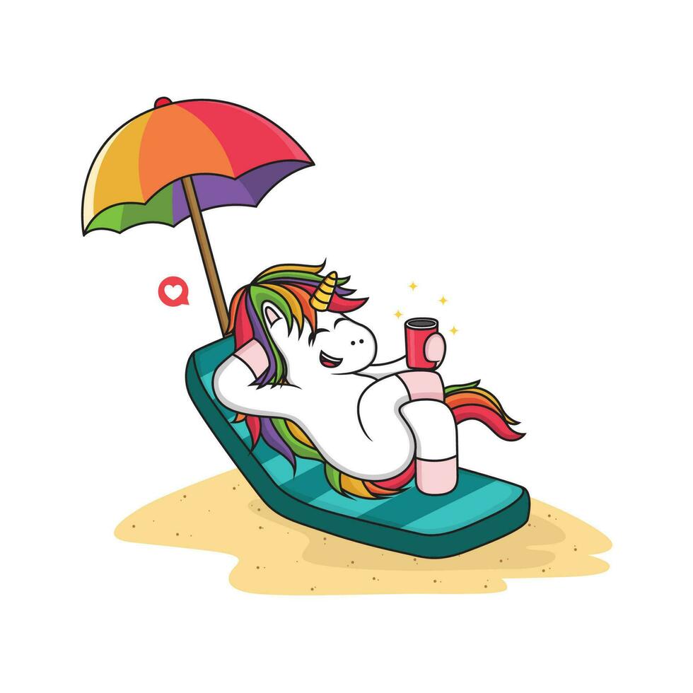 Unicorn Relax on Beach. Vector Animal Cartoon Illustration Isolated on White Background