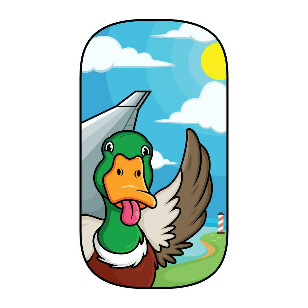 Pato dibujos animados son en el avión ventana con gracioso expresiones vector