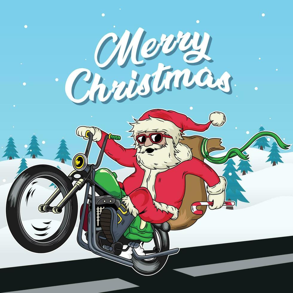 Santa is riding a vintage motorcycle in winter. Vector Icon Illustration with Snow Background