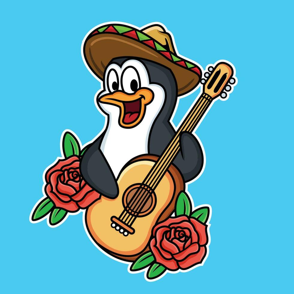 linda pingüino es jugando guitarra en azul antecedentes vector