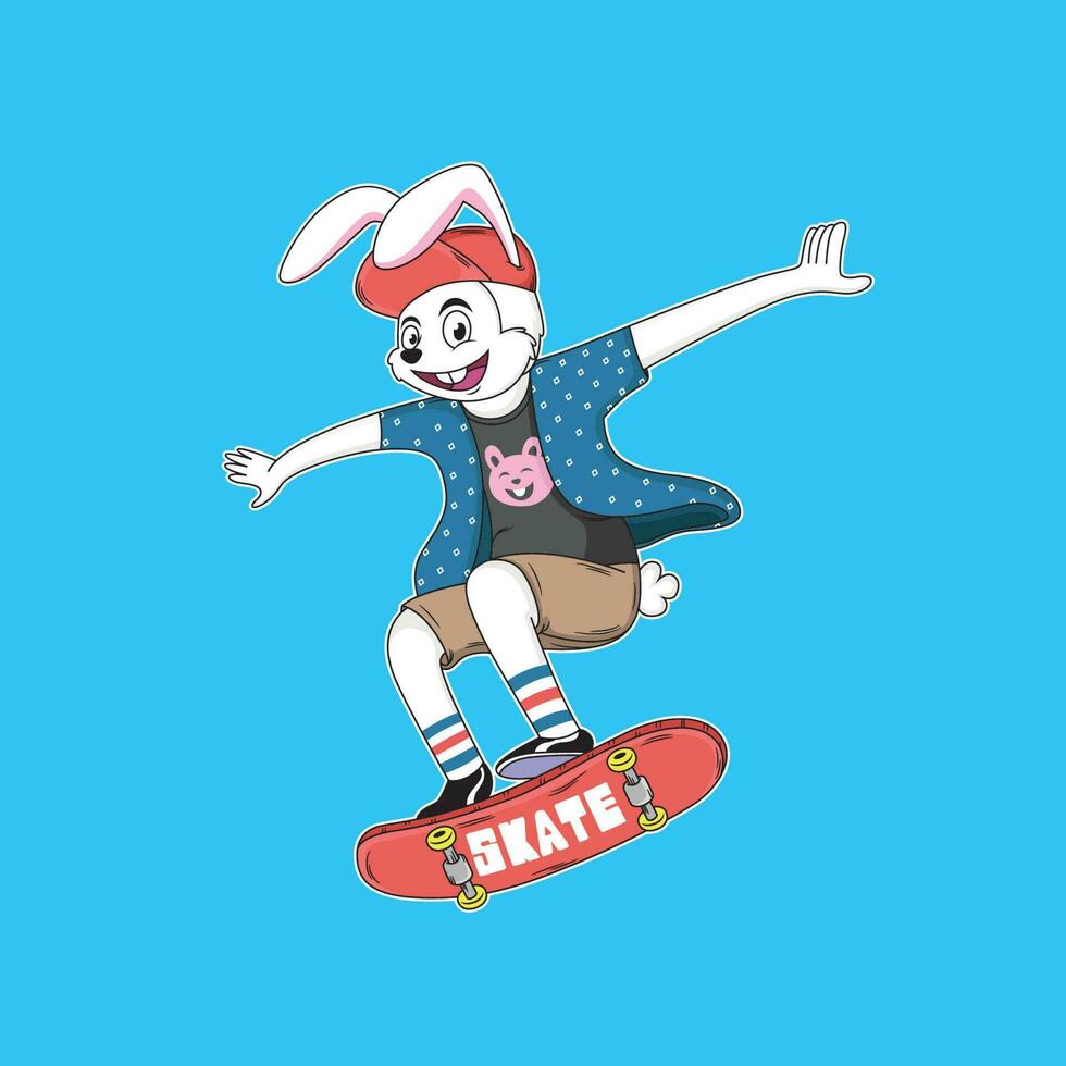 Rabbit Playing Skateboard Cartoon. Animal Vector Icon Illustration, Isolated on Blue Background