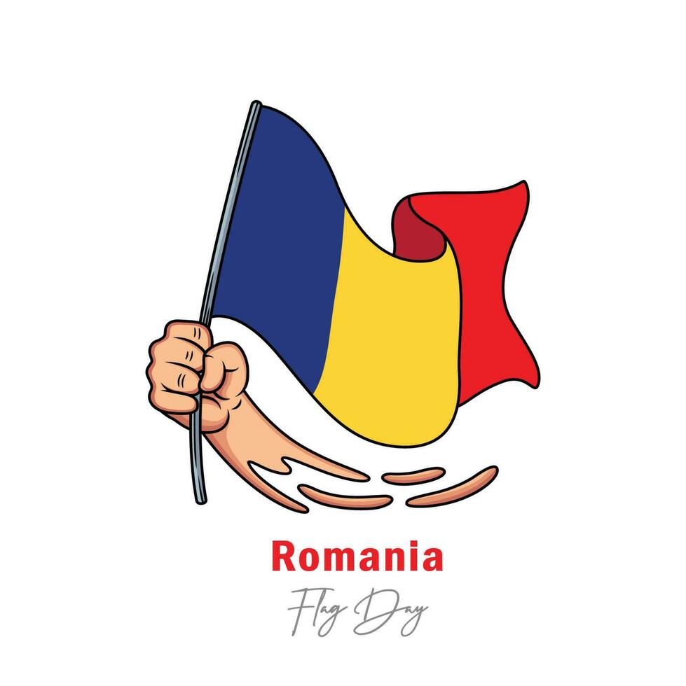 Romania flag design with hand on a pole. Independence day or National day holiday concept vector