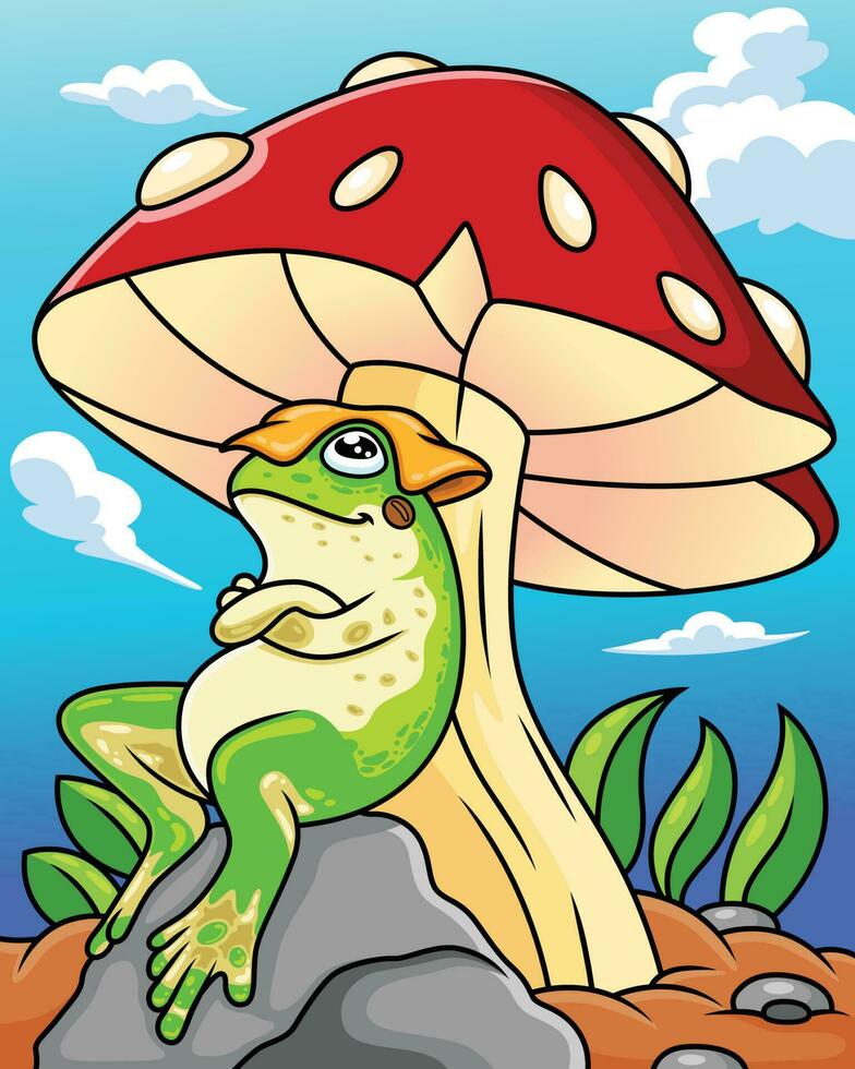 cartoon frog is relaxing on a mushroom against a background of blue sky vector