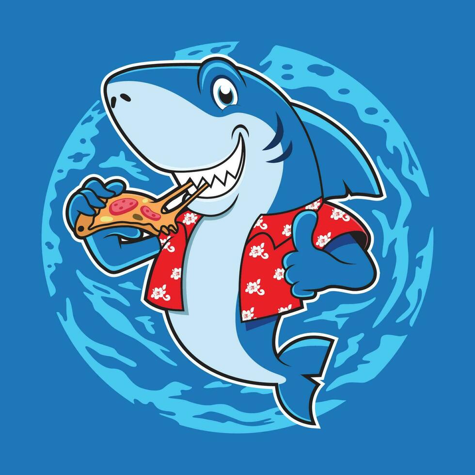frio tiburón dibujos animados comiendo Pizza. vector icono ilustración aislado en azul antecedentes