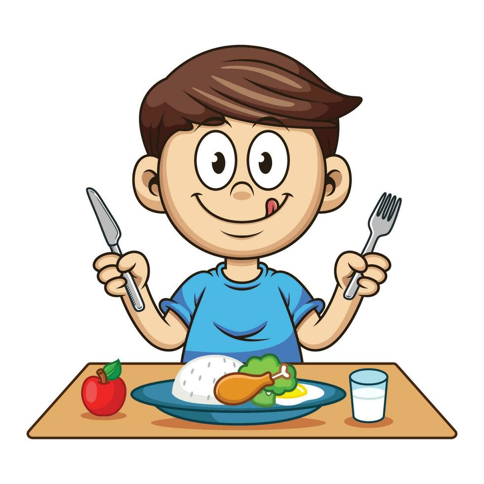 chico quien es comiendo nutritivo comida con Leche y Fruta dibujos animados vector