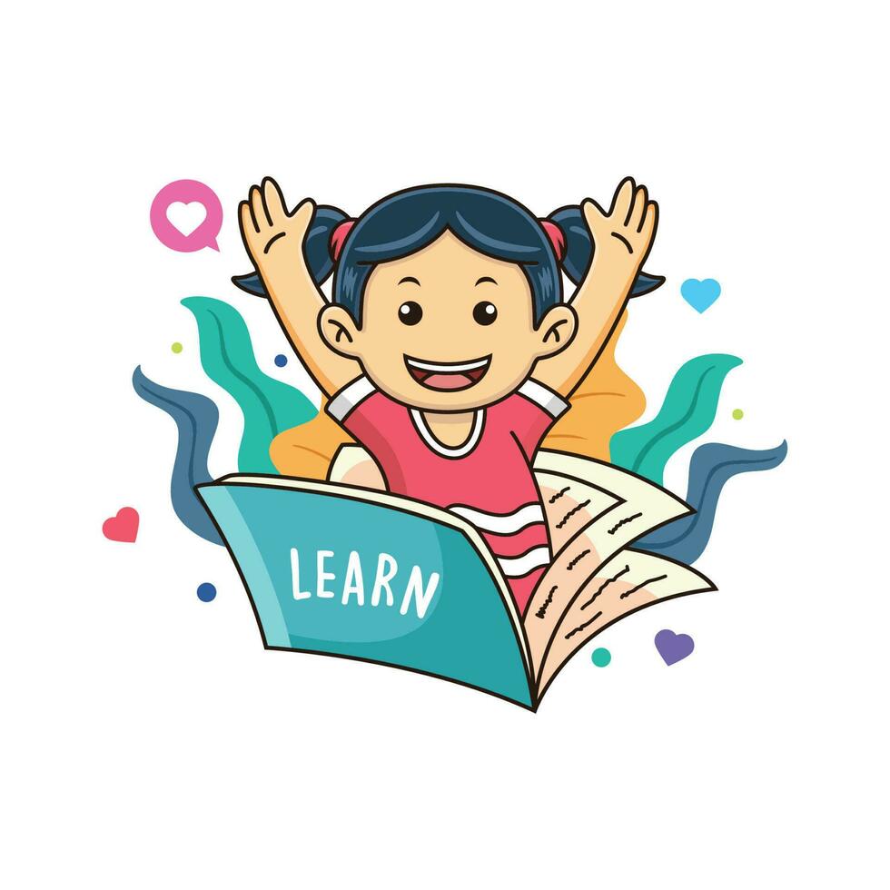 girl is studying with a book with a happy expression vector