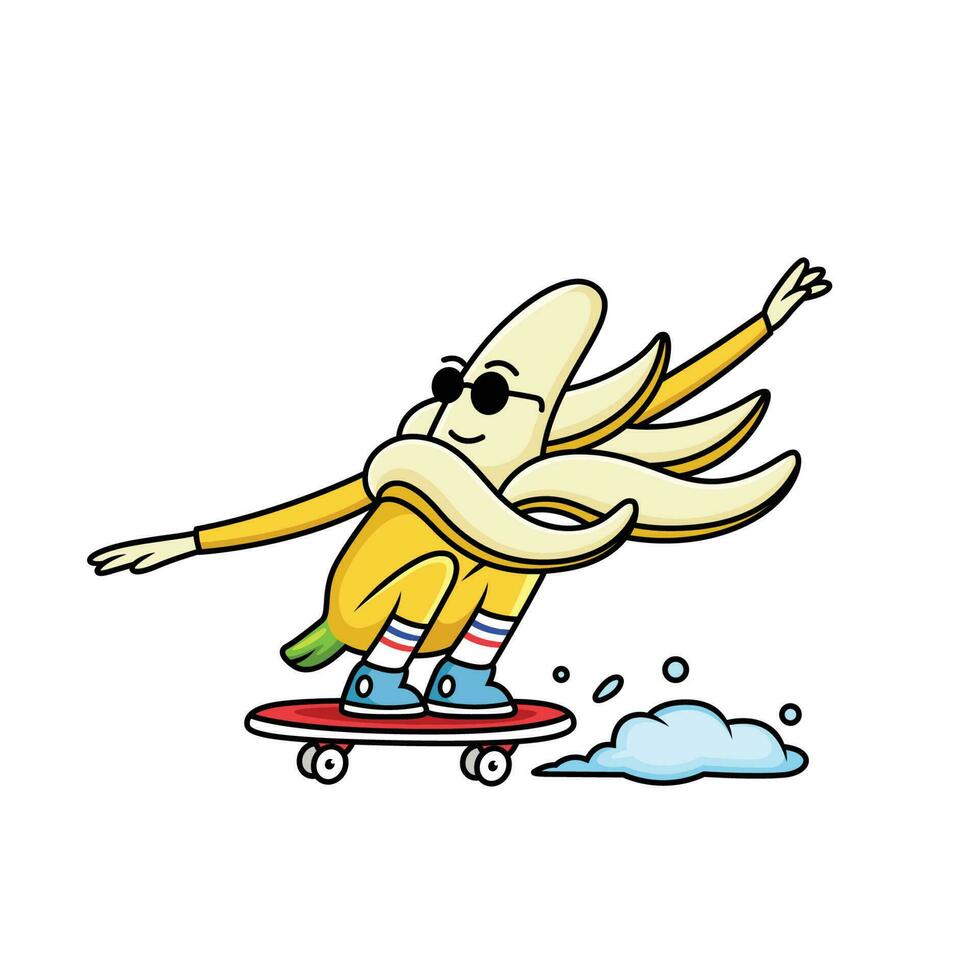 Banana cartoon playing skateboard with cool expression vector