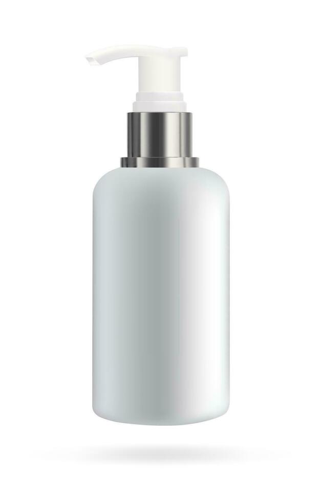 Cosmetic bottle with dispenser for soap and cosmetics. Mockup of packaging for liquids. Vector 3d illustration.