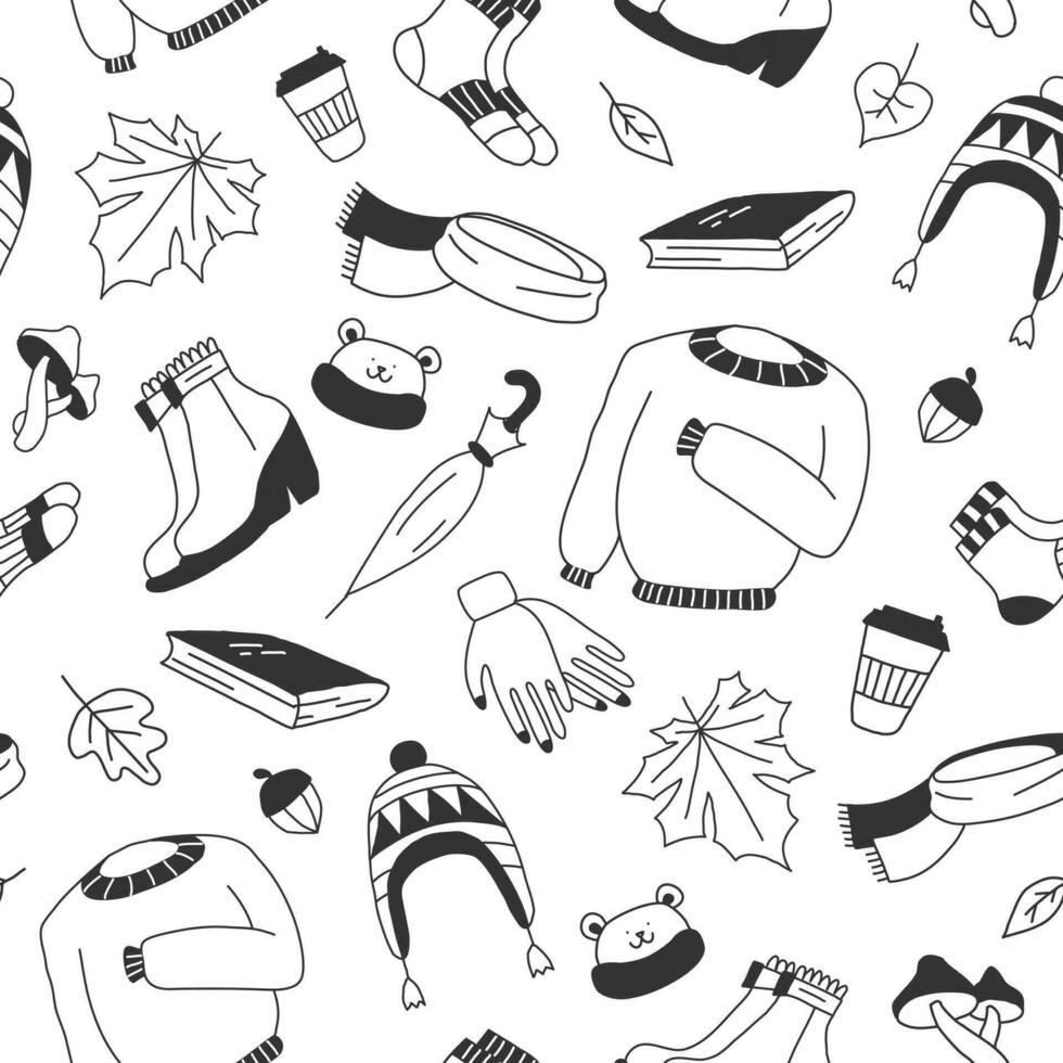 black set of icons symbolizing autumn, bright cartoon childish style, vector