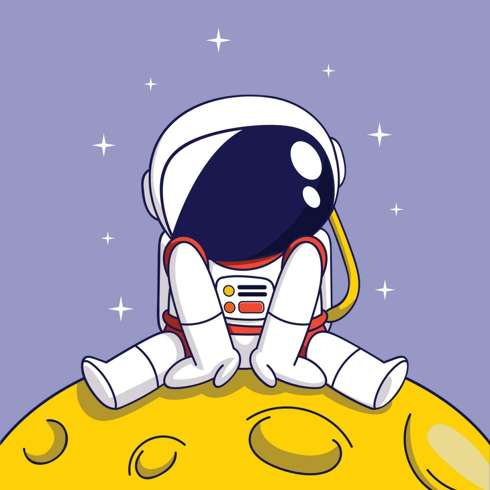 linda dibujos animados astronauta sentado en el Luna terminado púrpura antecedentes. vistoso diseño. vector ilustración