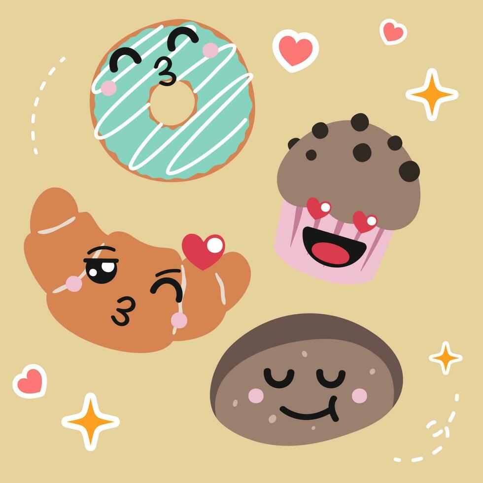 Set of kawaii food freshly baked bread with cute smiley face. Flat vector design