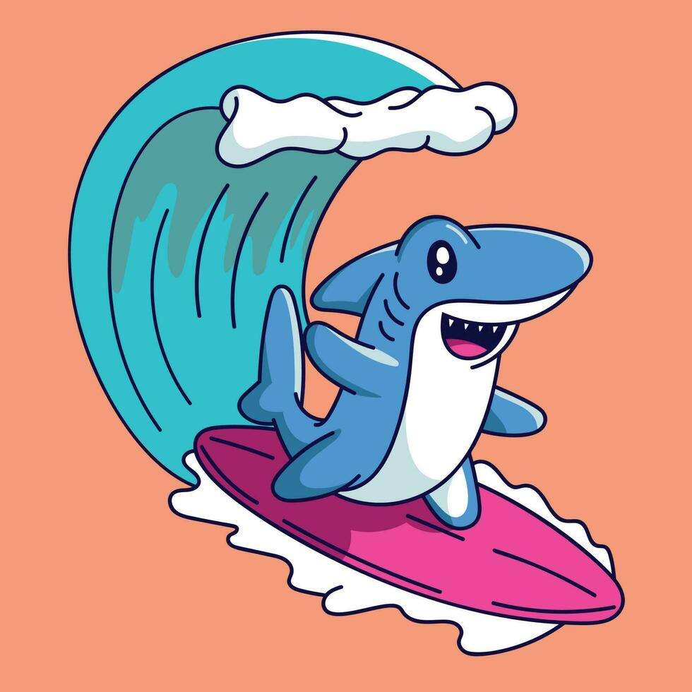 Cute Cartoon Shark surfing on the wave. Vector illustration in cartoon style.