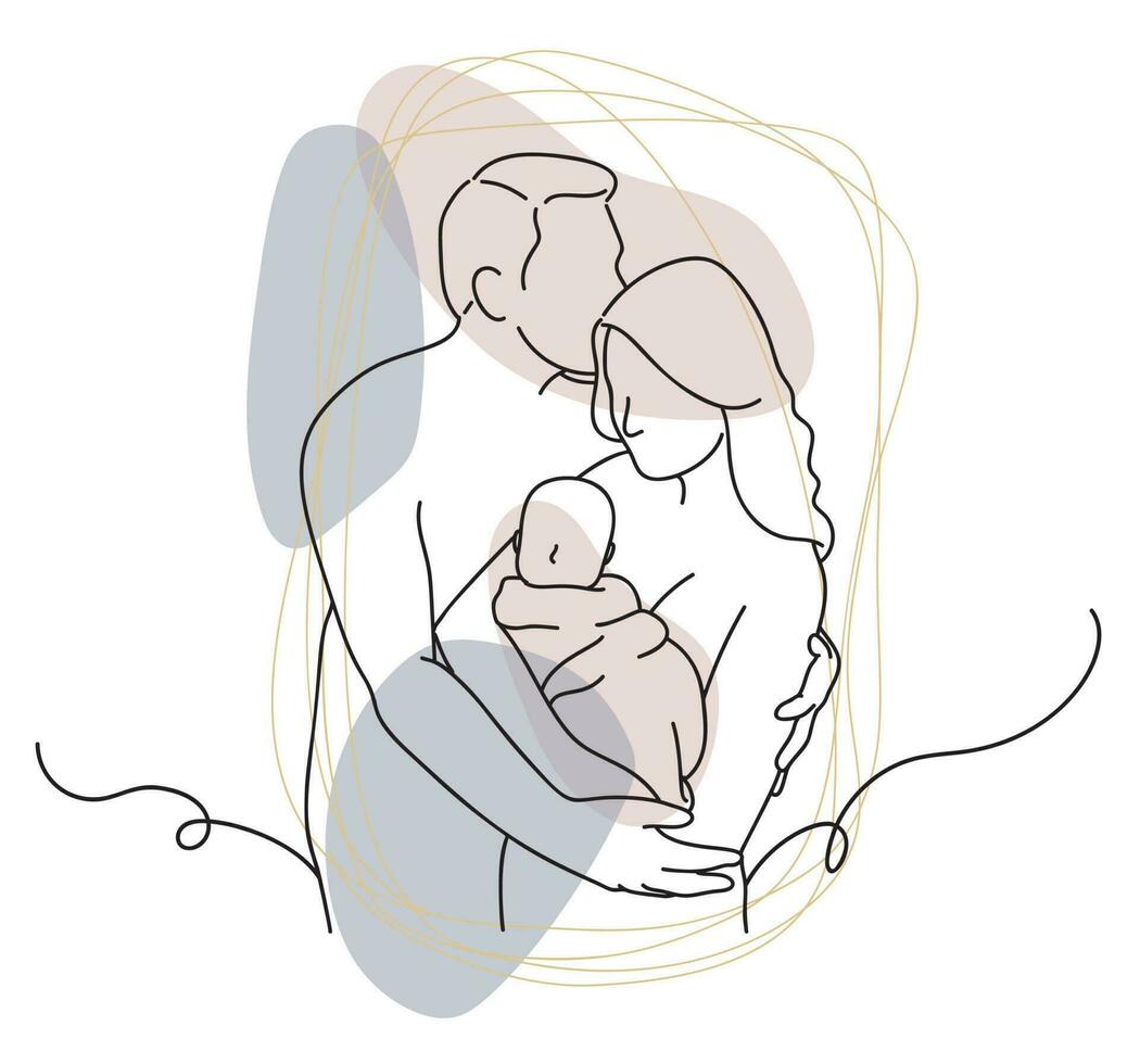 Continuous one simple single abstract line drawing of mother and father holding baby icon in silhouette on a white background. Linear stylized. vector