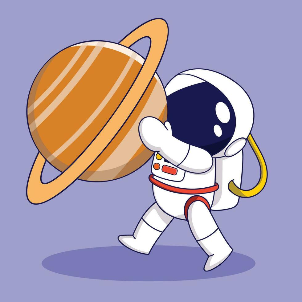 linda dibujos animados astronauta que lleva un planeta. vector ilustración en dibujos animados estilo.