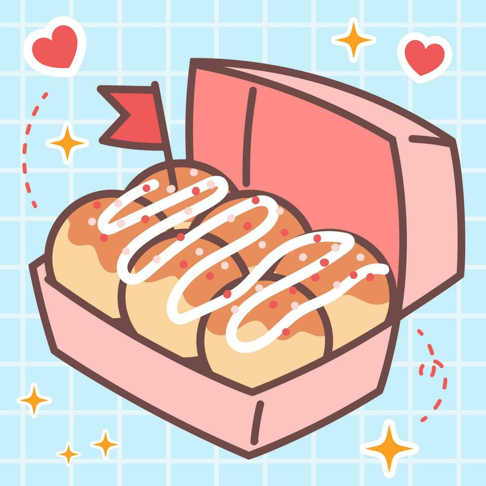 kawaii comida de takoyaki caja calle bocadillo. vector mano dibujado linda dibujos animados personaje ilustración logo icono. Japón animado, manga estilo concepto diseño