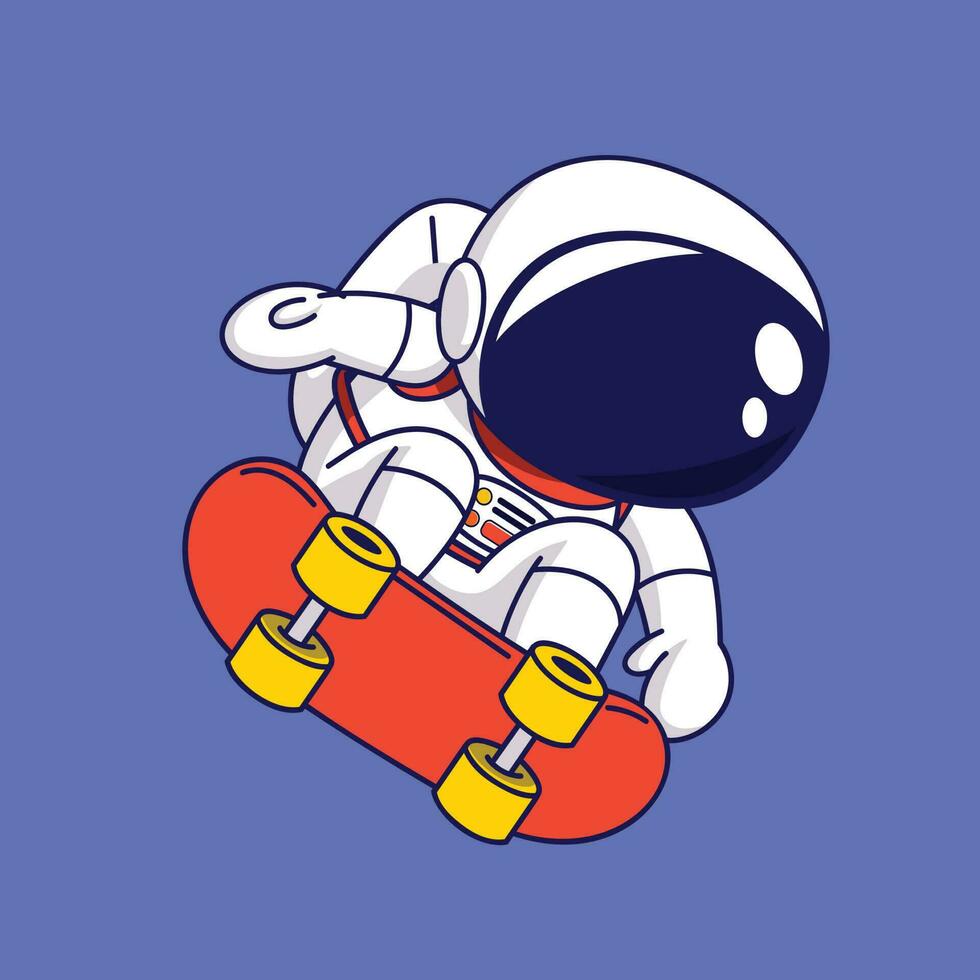 Cute Cartoon Astronaut riding a skateboard. Vector illustration on blue background.