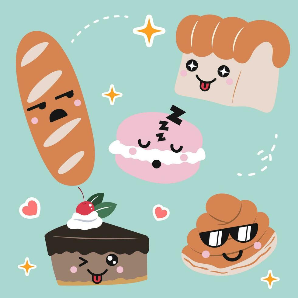 conjunto de kawaii comida recién horneado un pan con linda sonriente rostro. plano vector diseño