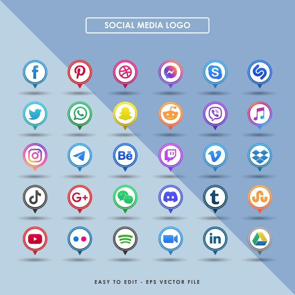 Collection of popular social media logo. Facebook, instagram, twitter, linkedin, youtube, telegram, vimeo, snapchat, whatsapp. Realistic editorial set. vector