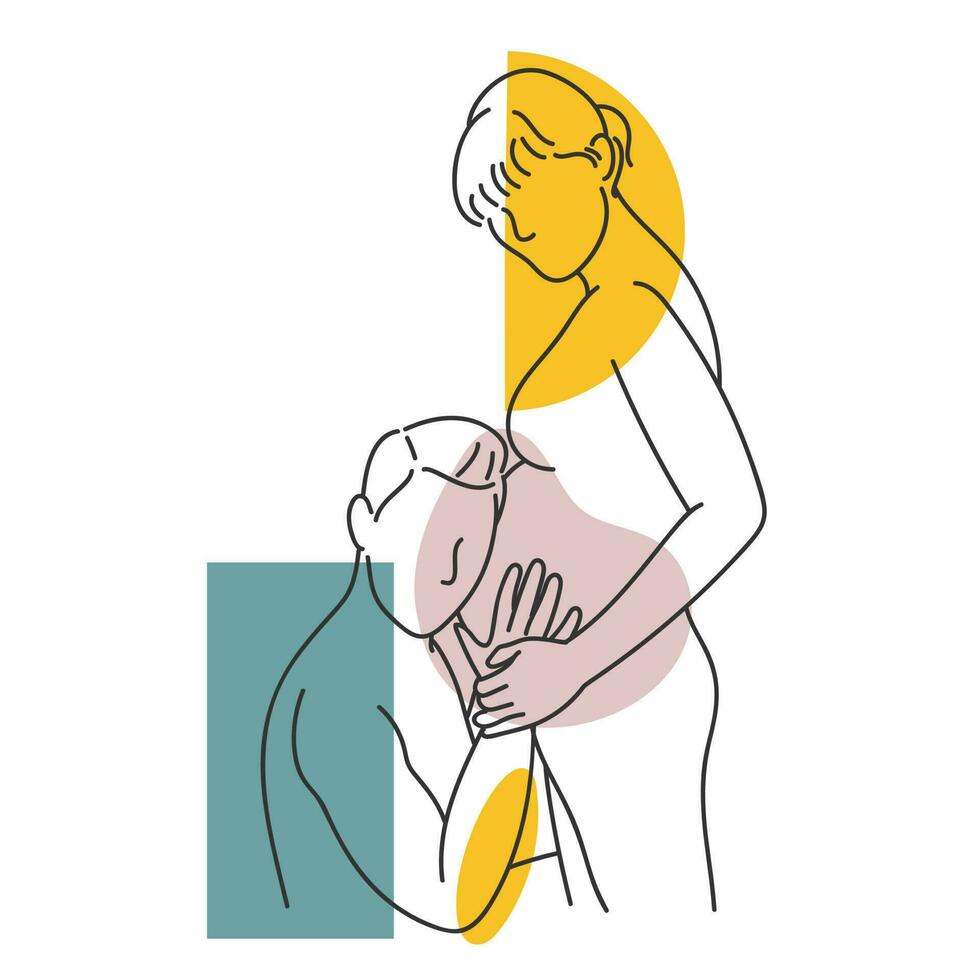 Pregnant woman with her husband. Vector illustration in linear line art style