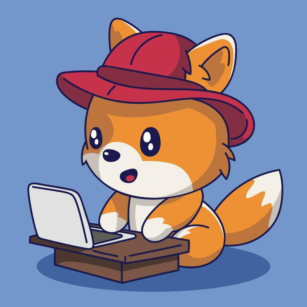 Cute Cartoon fox with hat and laptop computer vector illustration eps 10