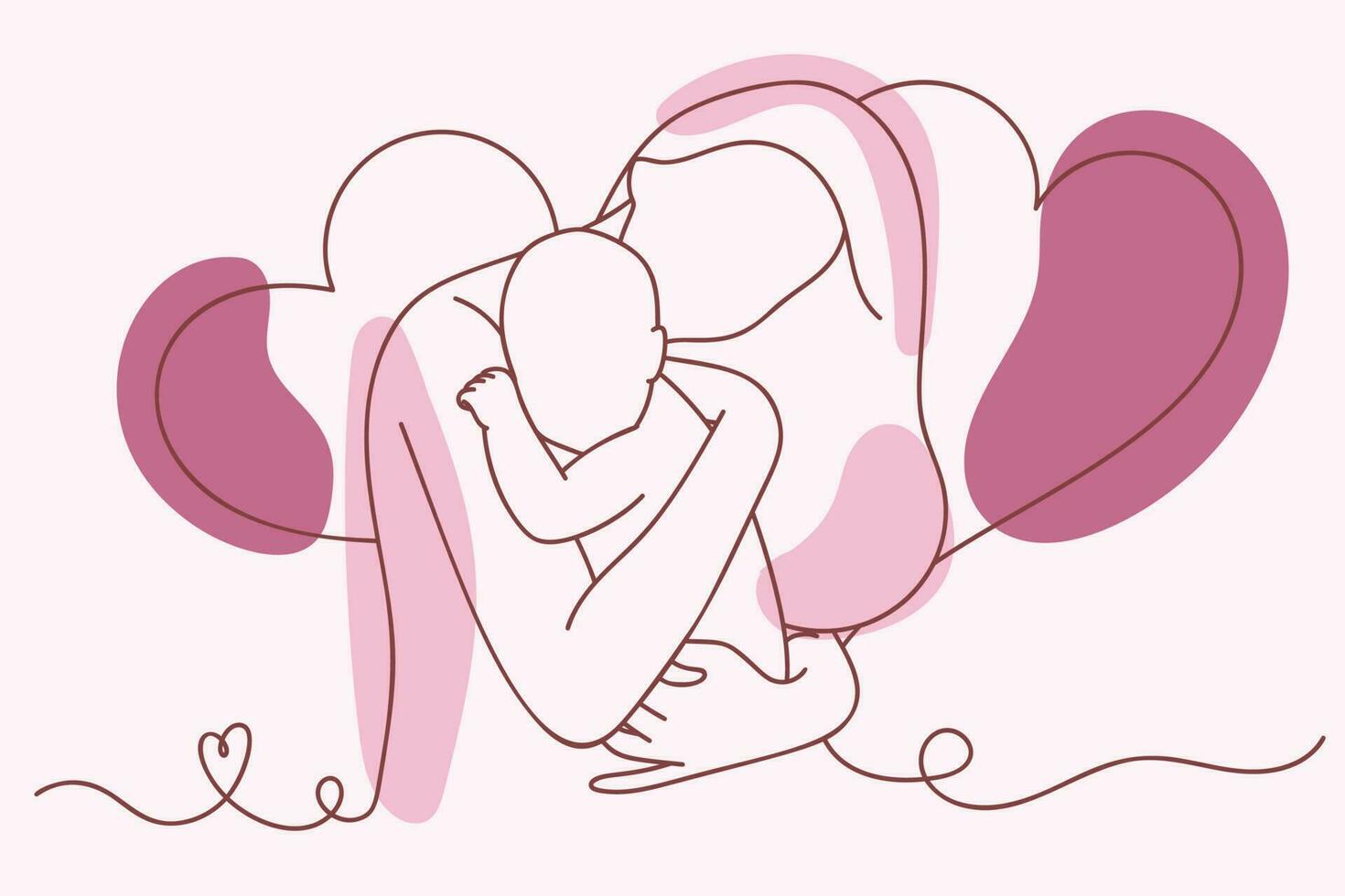 Continuous one simple single abstract line drawing of mother breastfeeding her baby in silhouette on a pink background. Linear stylized. vector