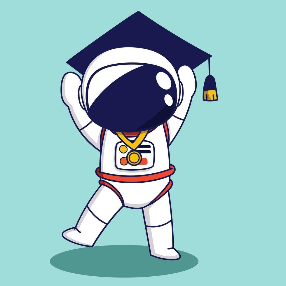 Cute Cartoon Astronaut holding a graduation cap. Vector illustration in cartoon style.