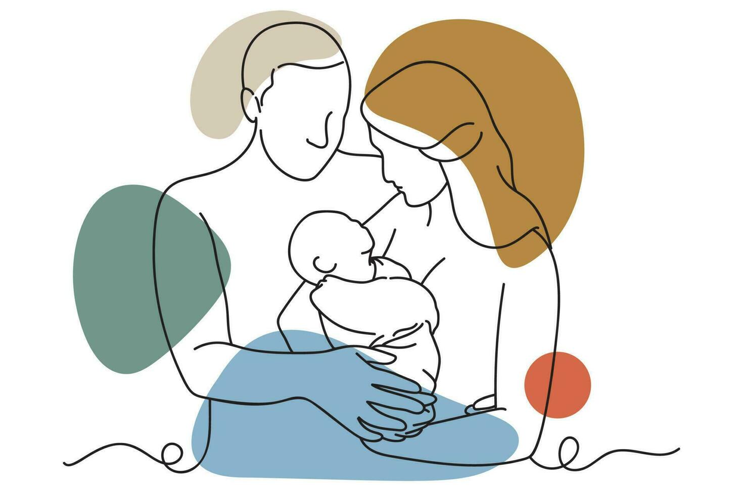 Continuous one line drawing of a happy family. Mother, father and baby. Vector illustration