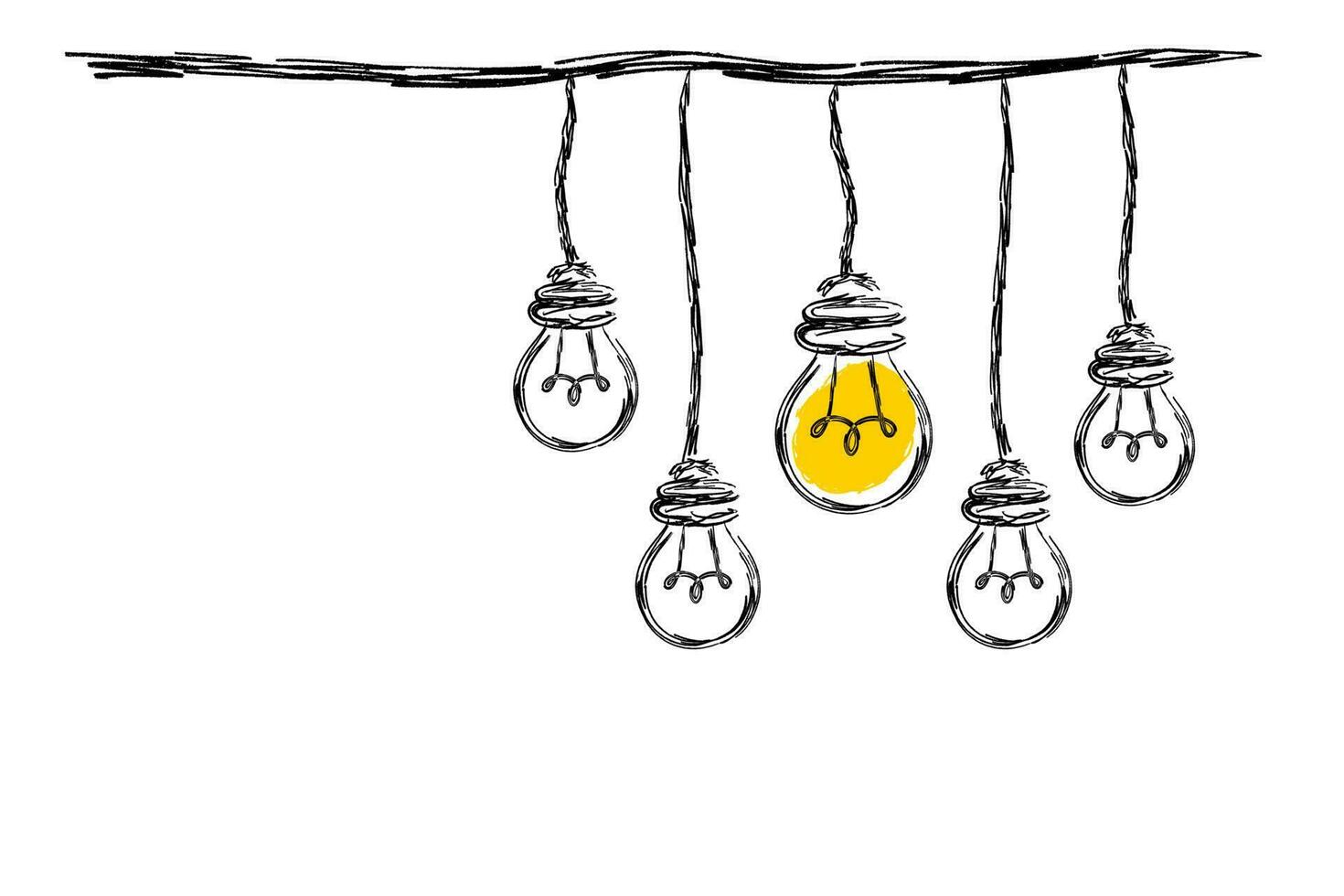 Illustration of a group of light bulbs hanging from a wire, vintage line drawing or engraving illustration. vector