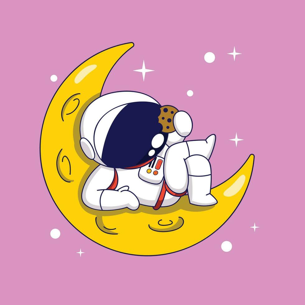 Cute Cartoon Astronaut sleeping on the crescent moon. Vector illustration.