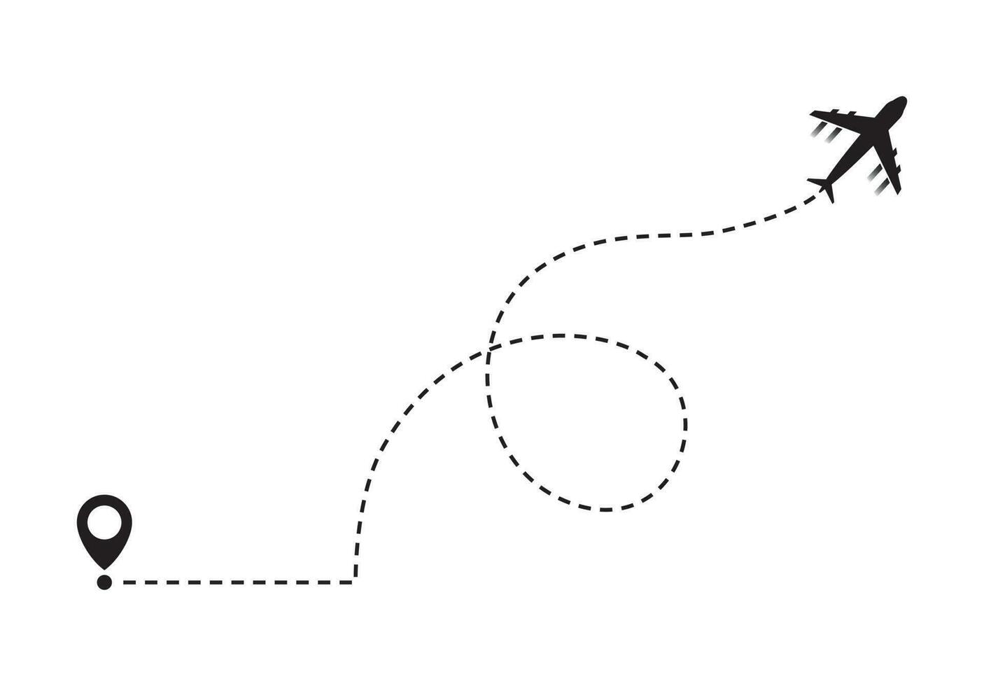 Airplane line path vector icon of air plane flight route with start point and dash line trace