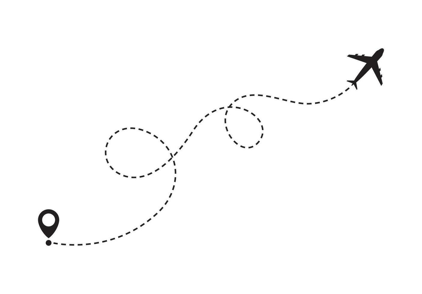 Airplane line path vector icon of air plane flight route with start point and dash line trace