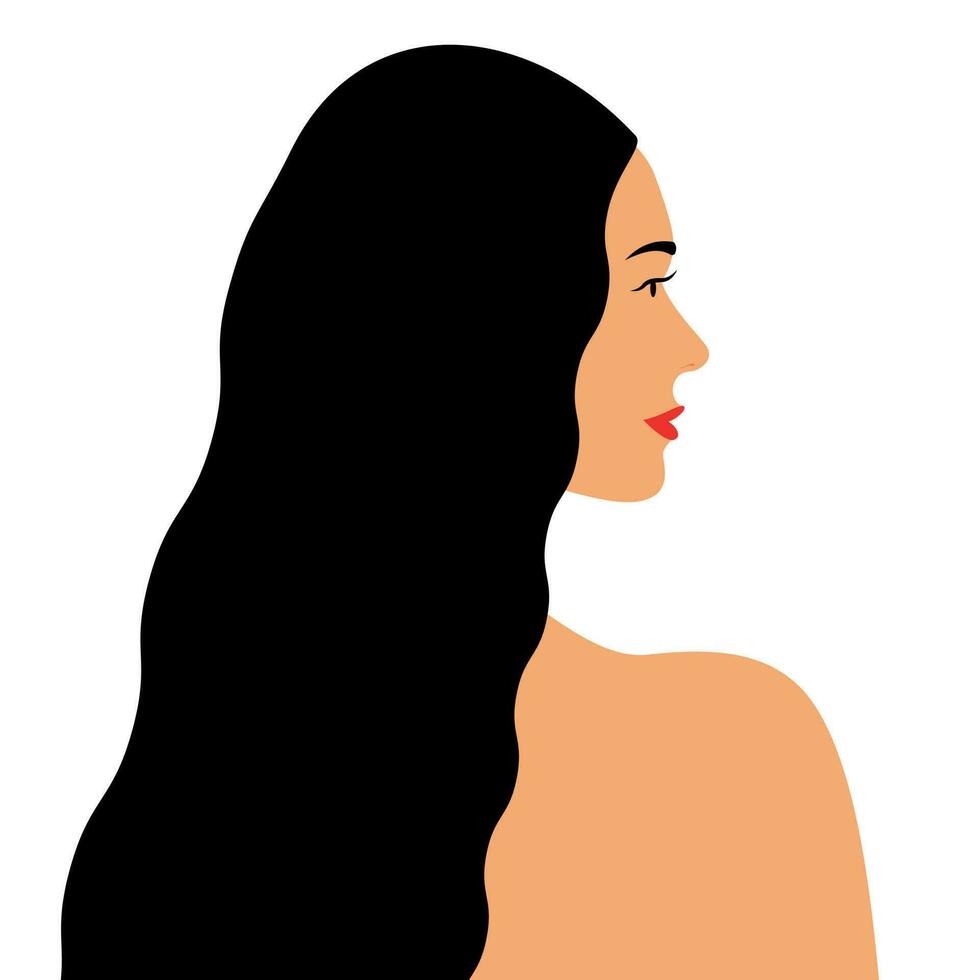 retrato de un joven hermosa mujer con largo pelos aislado en blanco antecedentes espalda lado ver cerca arriba cabeza y hombro avatar de niña para social medios de comunicación minimalista vector ilustración en plano estilo