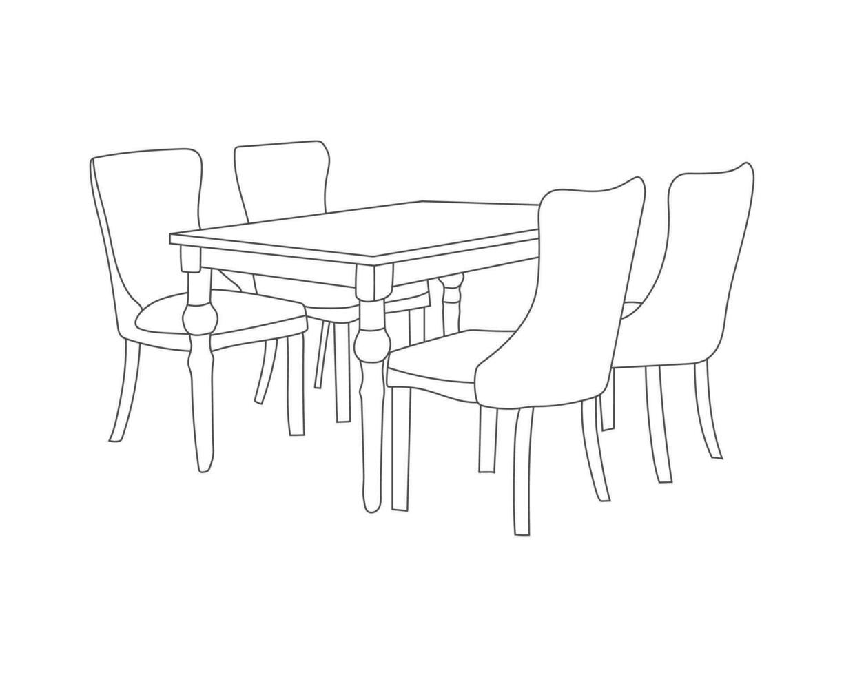 Restaurant furniture hand drawn outline, modern wooden chairs with dining table set with white background vector