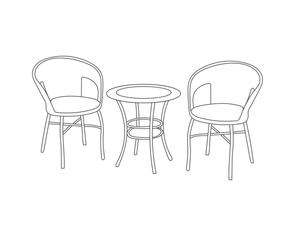 Line art of modern chairs with table set interior with white background, hand drawing vector