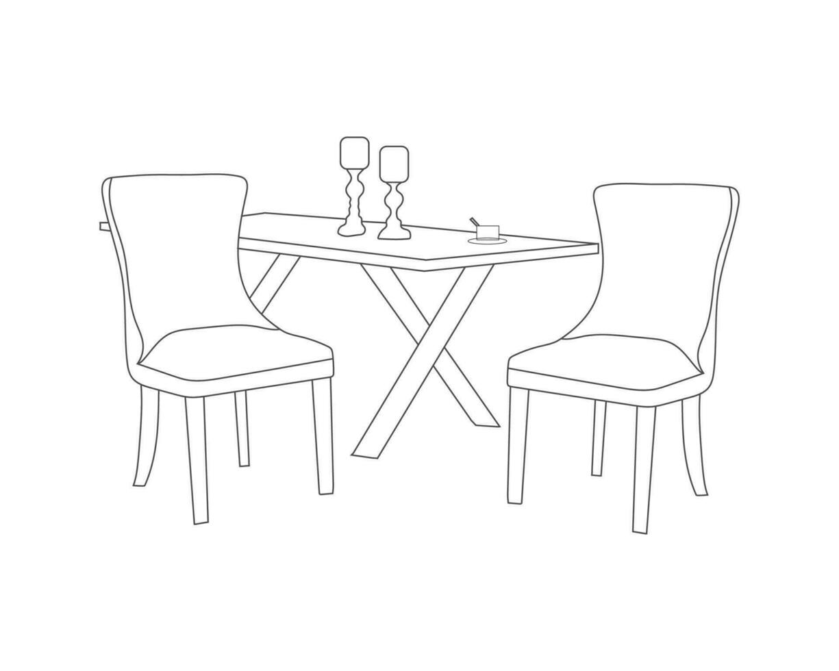 Restaurant furniture hand drawn outline, modern wooden chairs with dining table set with white background vector