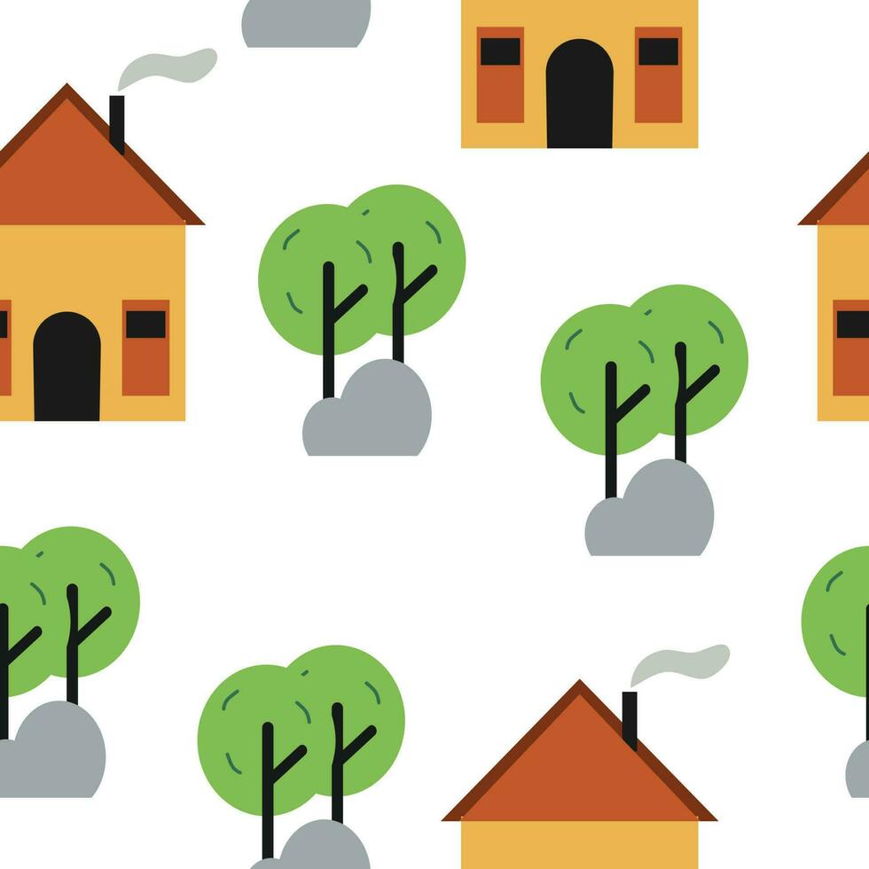 Cute tiny house seamless pattern with cute trees vector