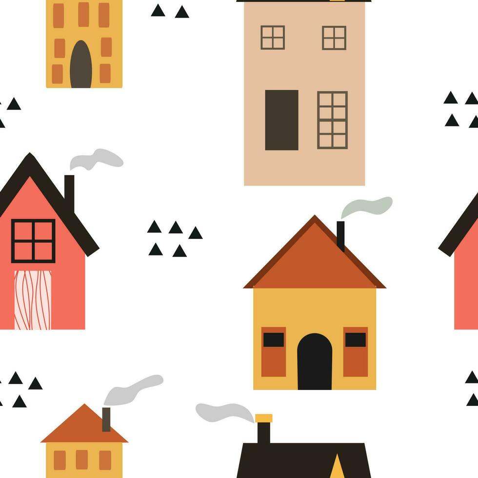 Cute tiny house seamless pattern with cute trees vector