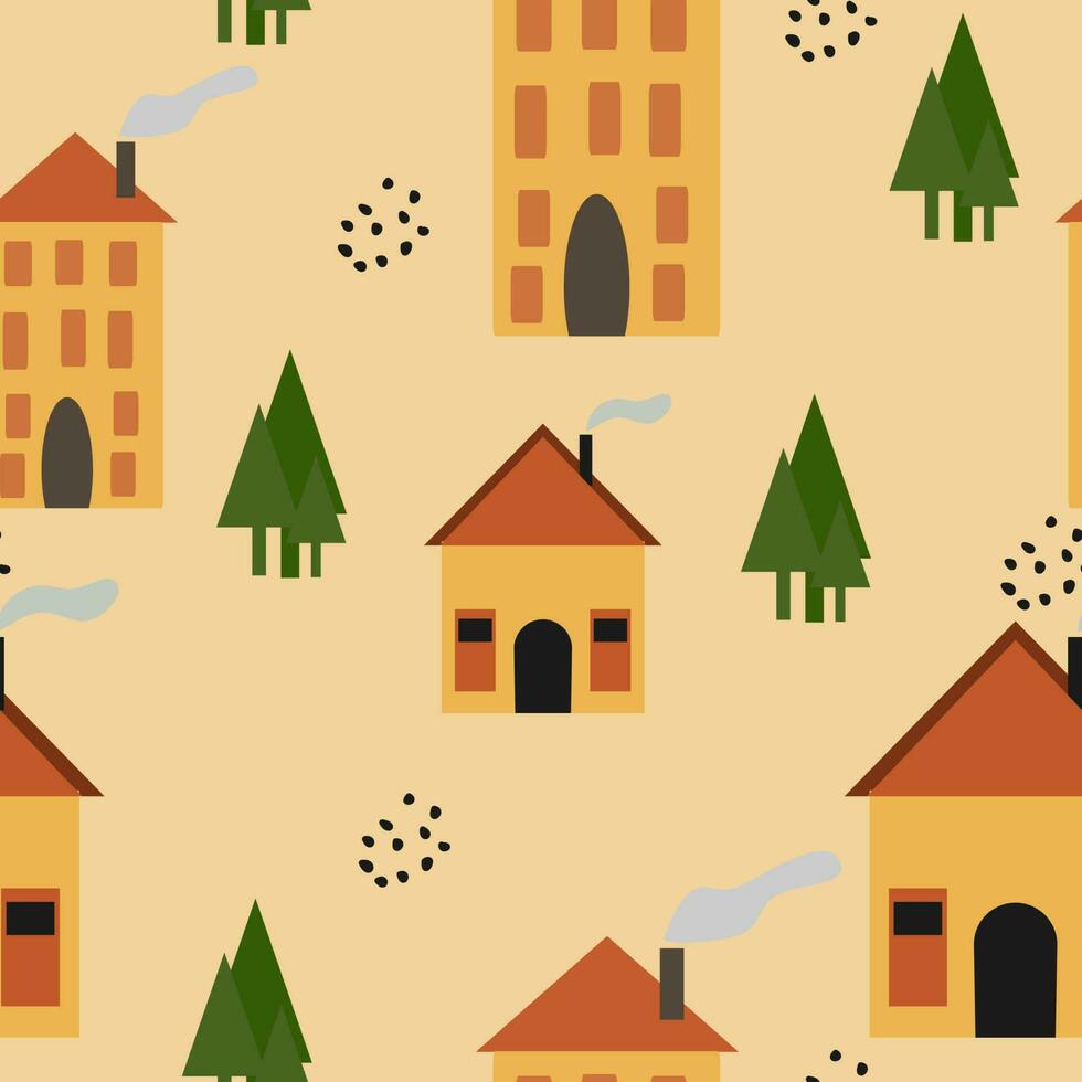 Cute tiny house seamless pattern with cute trees vector