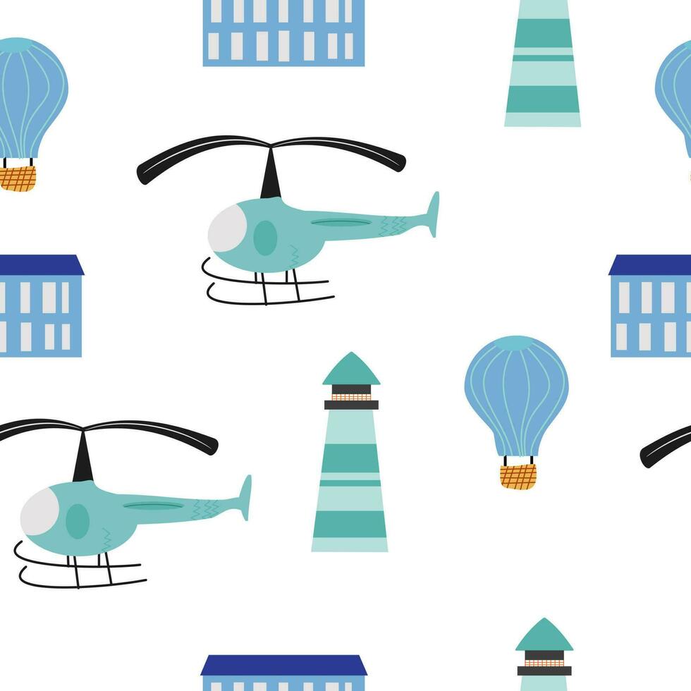 helicóptero dibujos animados y aire globo sin costura modelo. modelo para childern vector