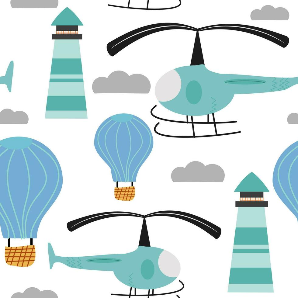 Helicopter cartoon and air baloon seamless pattern. pattern for childern vector