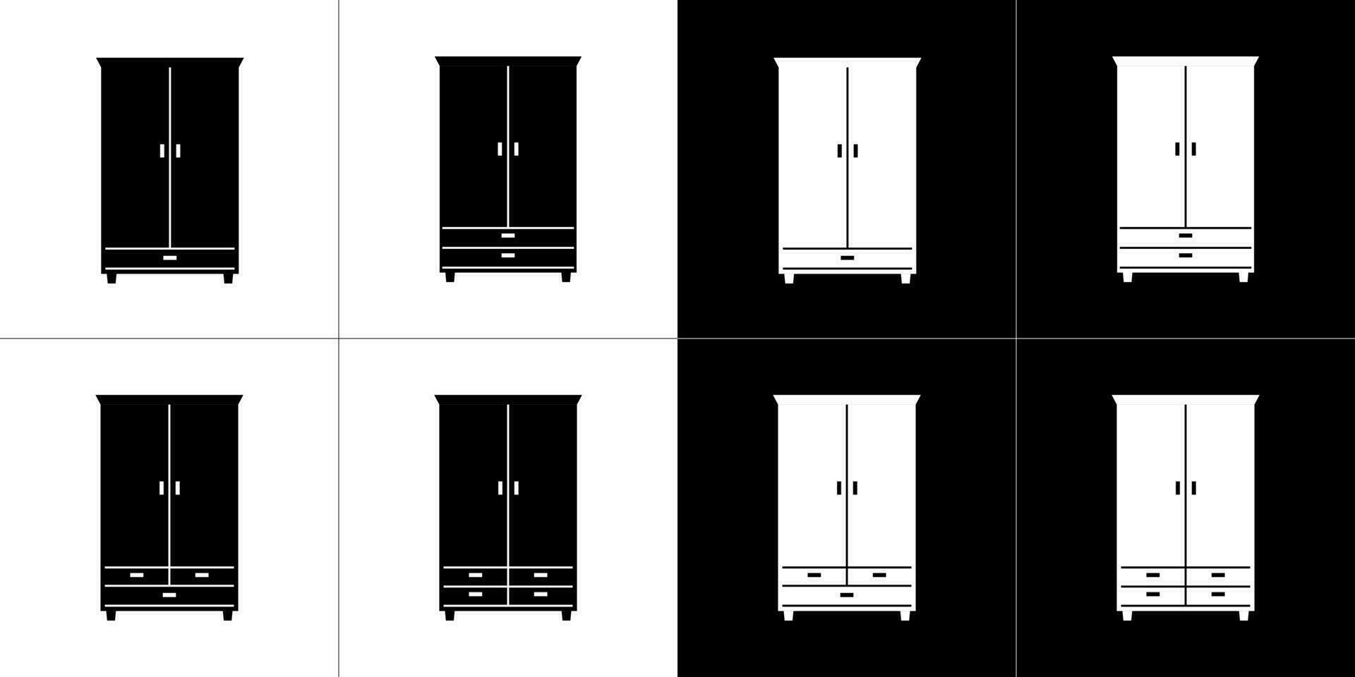 guardarropa íconos colocar. cuatro mueble iconos negro y blanco. vector ilustración.