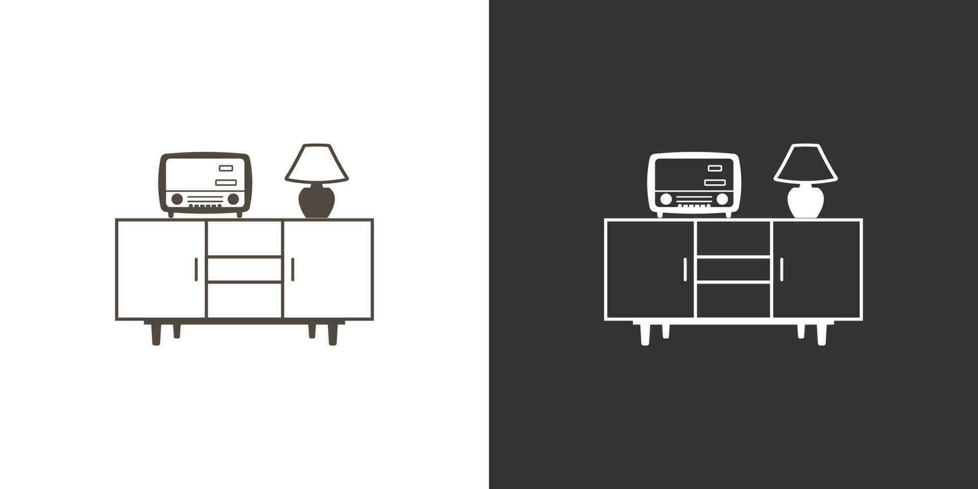 Nightstand with table lamp and retro radio. Black and white linear icon. Furniture interior icon vector
